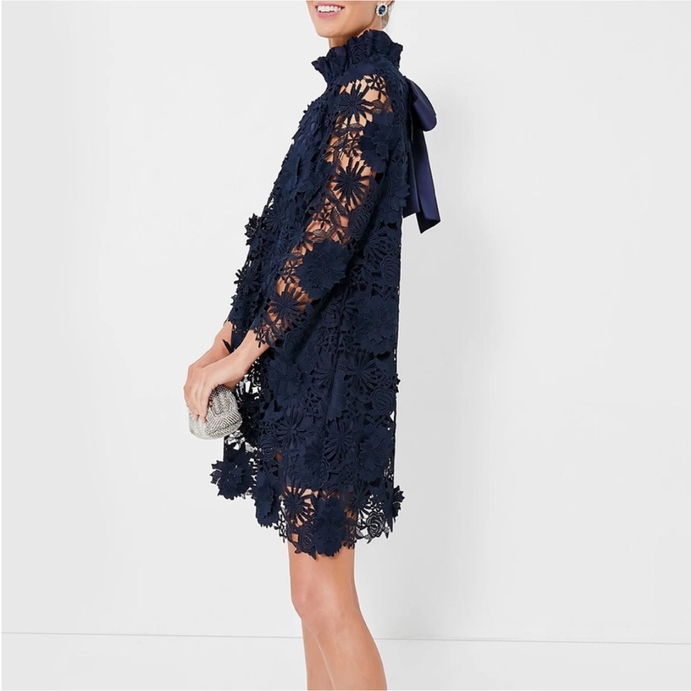Tuckernuck Navy Floral Lace Mini Dress with Back Bow - Picture 4 of 14